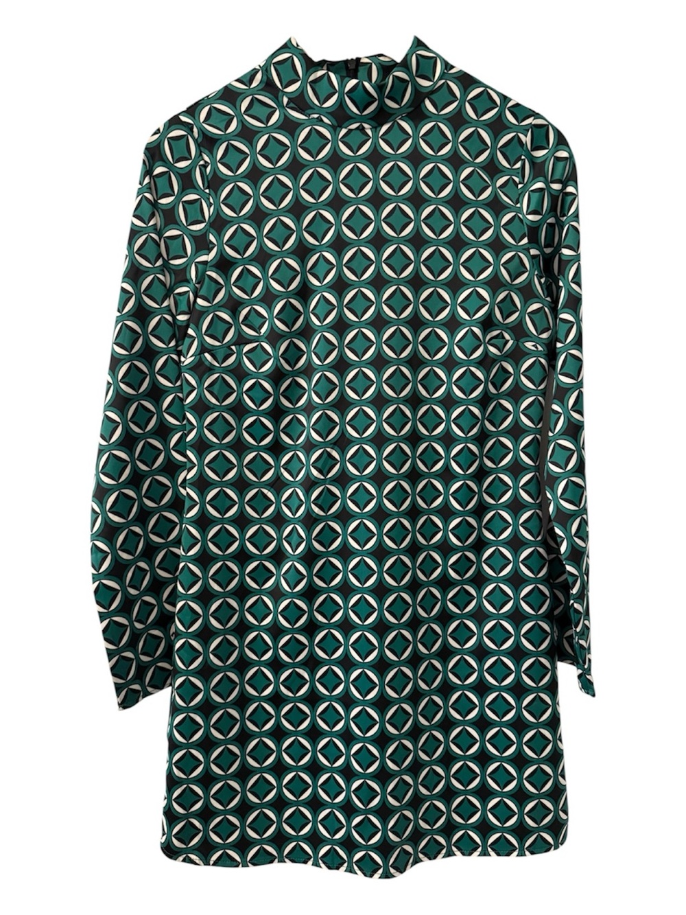 MNG Mango Geometric Print Tunic Mini Dress Long Sleeve Green Black XS